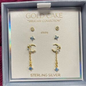 Gold Cake Delicate Collection Three Earring Stud Set-Half Moons-Blue flower-NIB